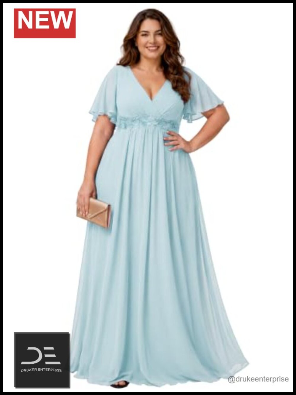 Plus Size Chiffon A-Line Formal Dress V-Neck Ruffle Sleeve Applique Waist